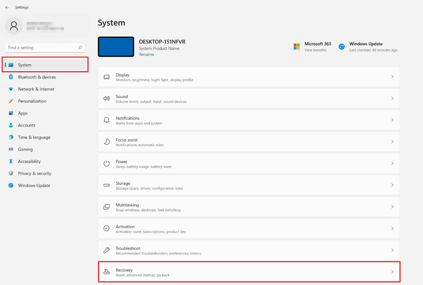 Paramètres de Windows 11 : bouton : « Récupération »