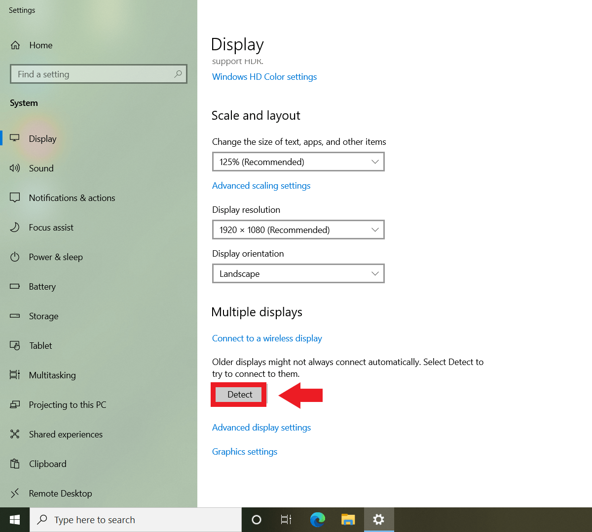 Menu Affichage Windows avec l’option « Détecter » sous « Plusieurs affichages »