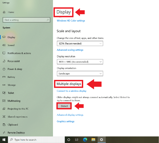 Windows 10 : menu paramètres avec les paramètres d’affichage et la détection d’appareil