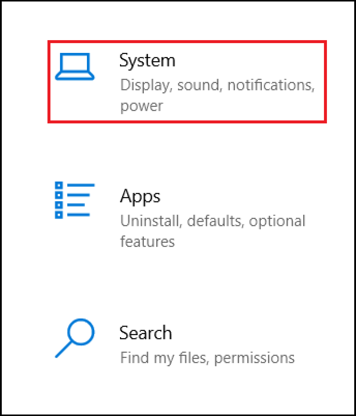 Windows 10 : menu général des paramètres Windows