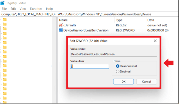 Menu dans l’éditeur de registre Windows 11 pour modifier la demande de mot de passe