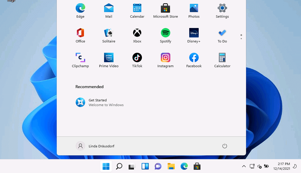 Windows 11 avec le menu Démarrer ouvert