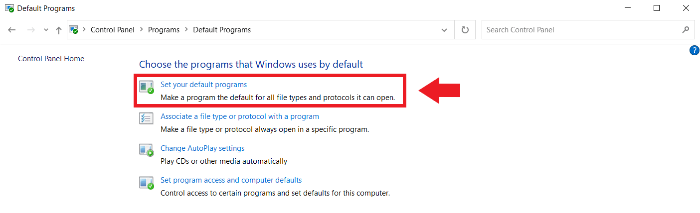 Panneau de configuration de Windows : sélectionnez « Définir les programmes par défaut »