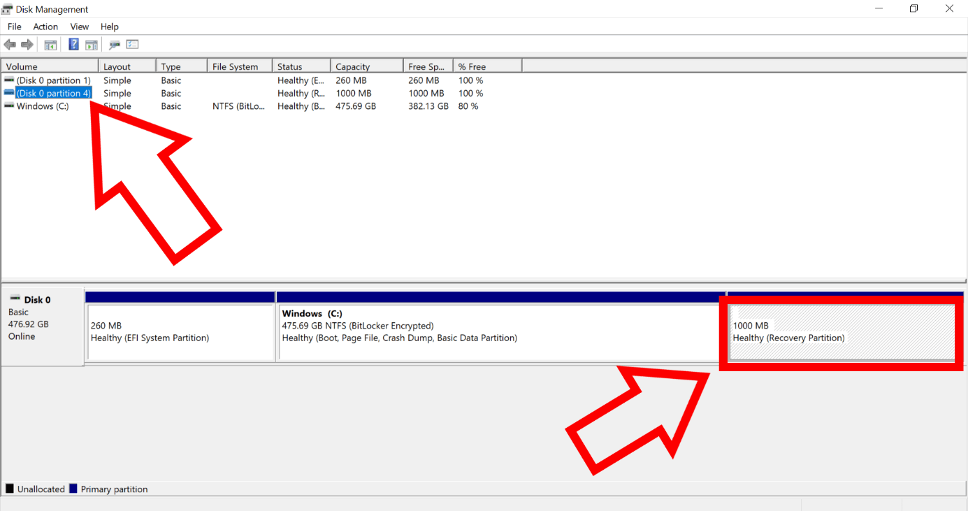 Capture d’écran du gestionnaire de disques Windows montrant la partition du disque 0 avec la partition de récupération