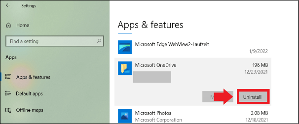 Liste des applications sous le menu « Applications » dans les Paramètres Windows