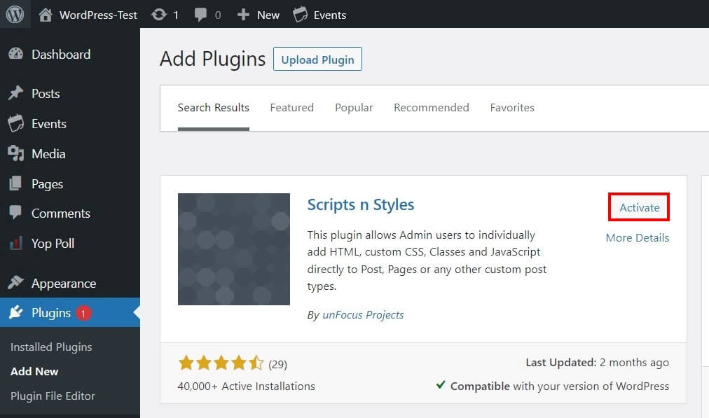 Backend WordPress : installation de « Scripts n Styles »