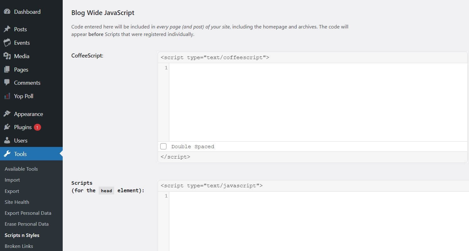 WordPress : ajout de code JavaScript avec le plugin « Scripts n Styles »
