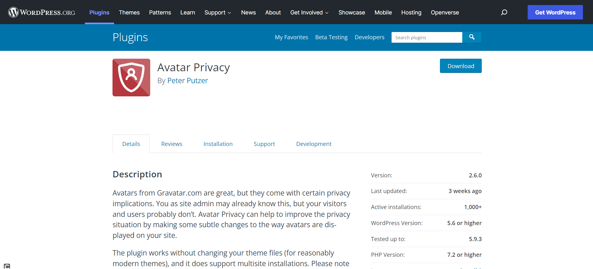Page d’accueil du plugin WordPress Avatar Privacy