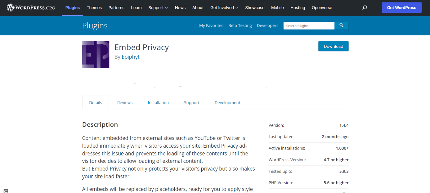 Page d’accueil du plugin Embed Privacy