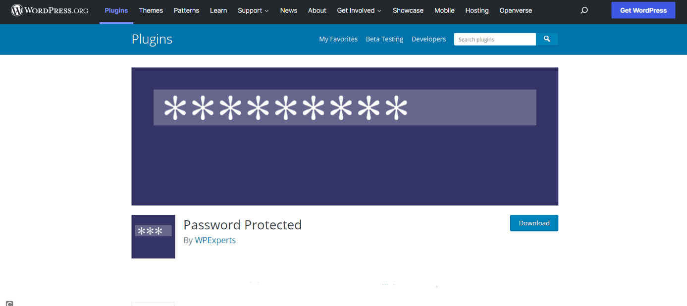Page d’accueil du plugin Password Protected