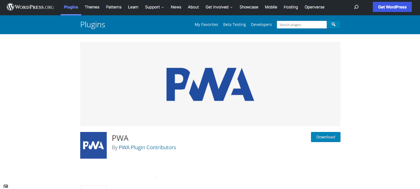 Page d’accueil du plugin PWA