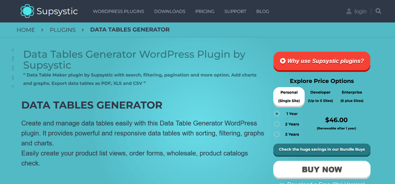 Capture d’écran du site de présentation du plugin Data Tables Generator
