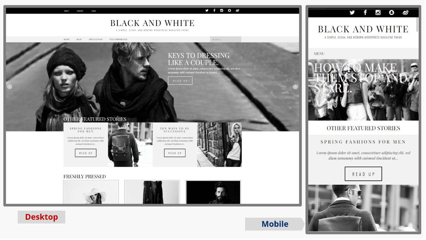 Captures d’écran sur mobile et bureau du thème WordPress Black and White