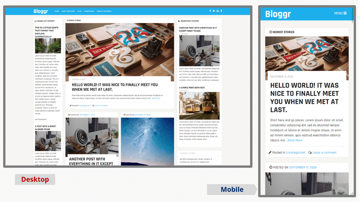 Capture d’écran du bureau et de la page mobile du thème de blog WordPress Bloggr