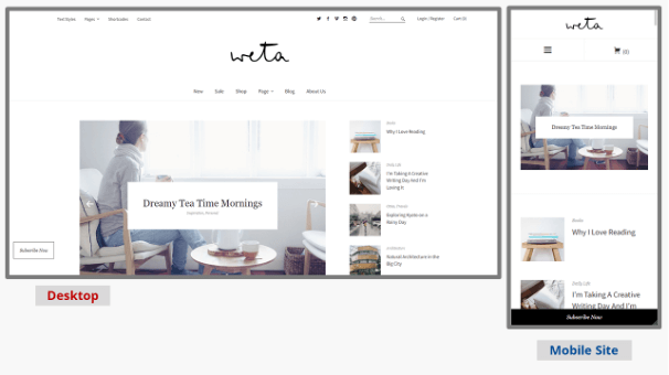 Capture d’écran du modèle de blog WordPress Weta sur le bureau et dans la version mobile