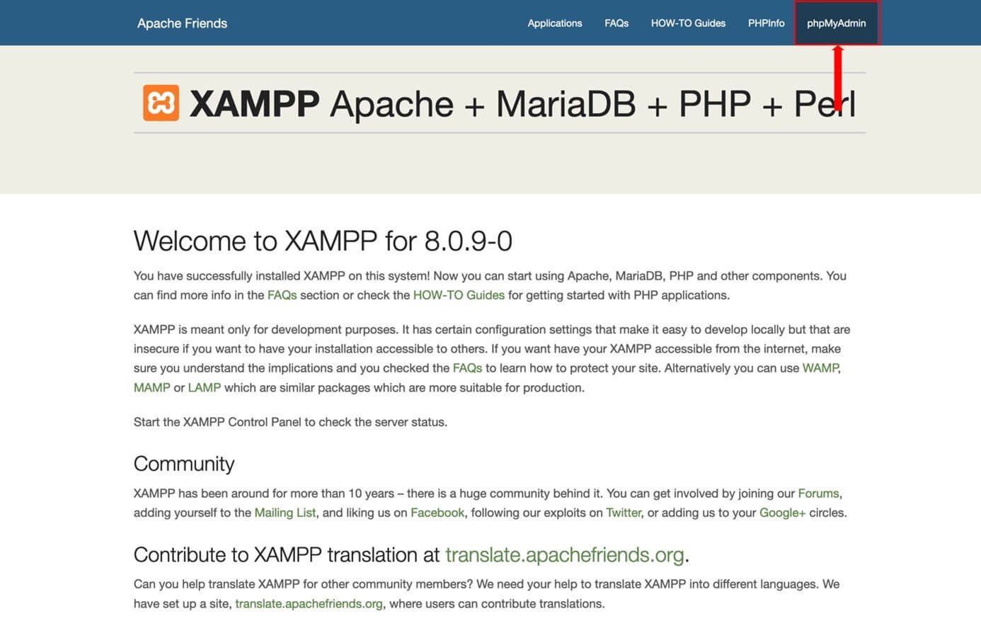 Page XAMPP avec l’élément de menu « phpMyAdmin »
