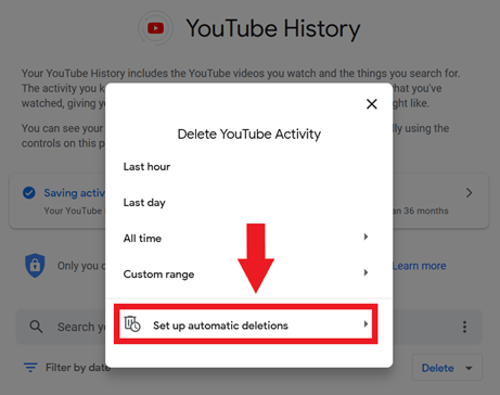 Bouton YouTube : « Configurer les suppressions automatiques » Bouton YouTube : « Configurer les suppressions automatiques »