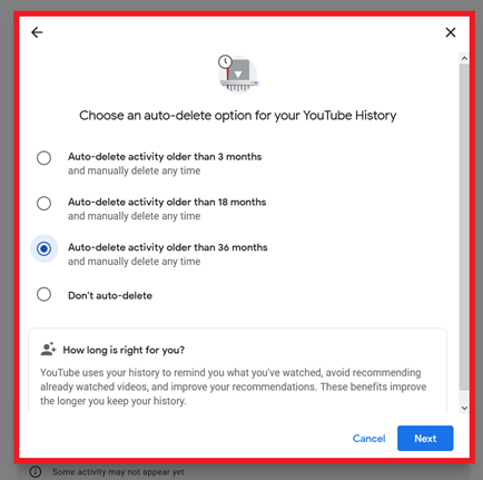 YouTube : Activation de l'option « Supprimer automatiquement l'activité datant de plus de » YouTube : Activation de l'option « Supprimer automatiquement l'activité datant de plus de »