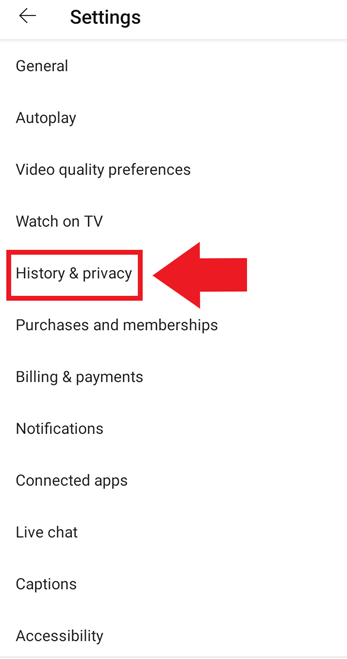 Paramètres de l'application YouTube : « Historique et confidentialité » Paramètres de l'application YouTube : « Historique et confidentialité »