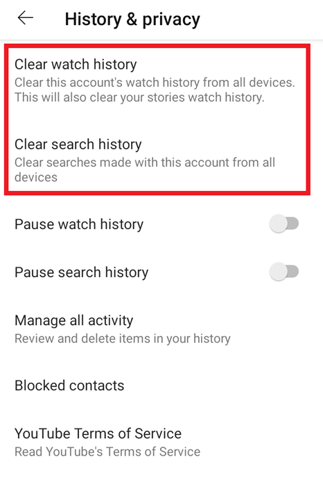 Application YouTube : menu « Historique et confidentialité » Application YouTube : menu « Historique et confidentialité »