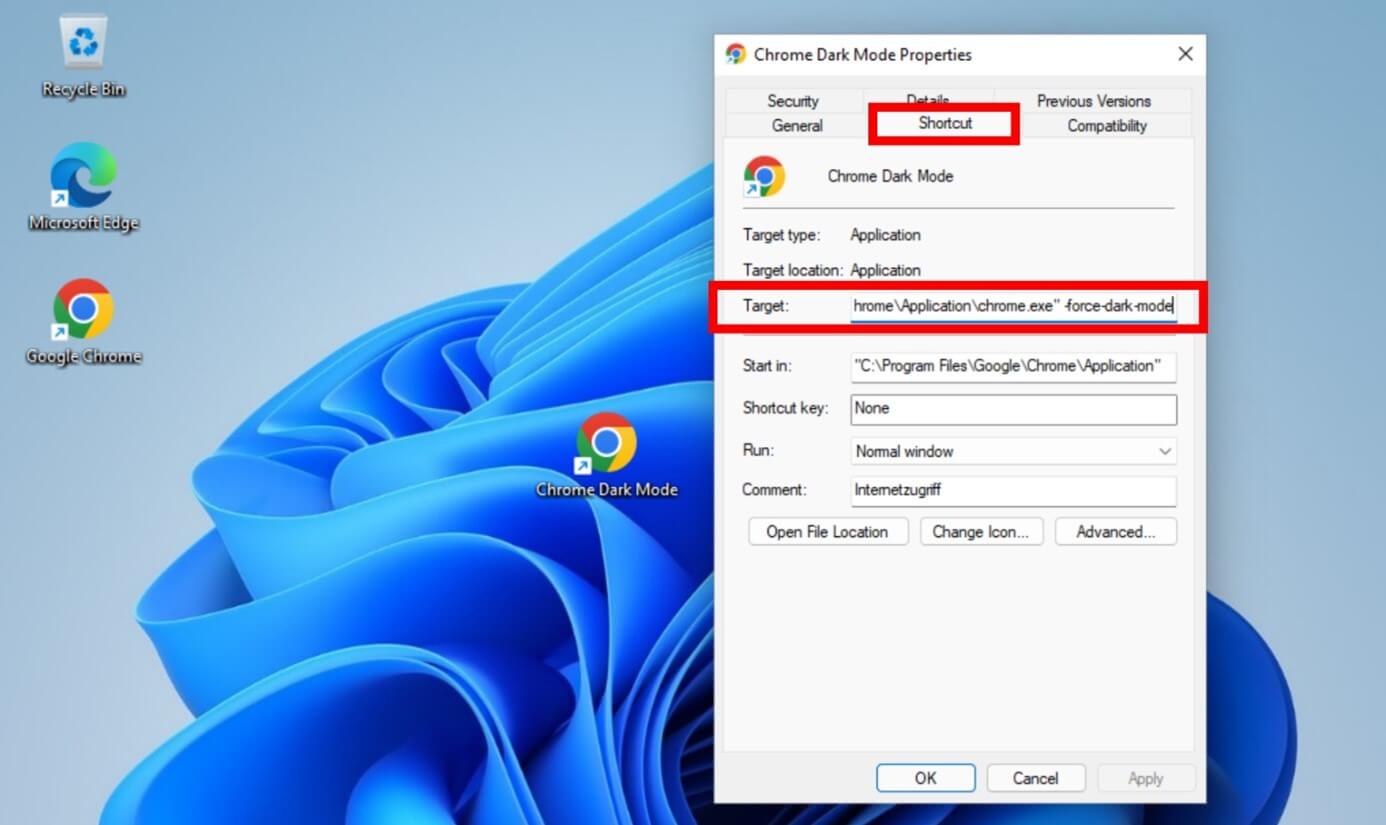 Capture d’écran des propriétés de raccourcis dans Windows 11