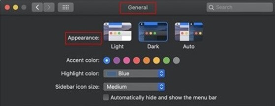 Capture d’écran de l’option « Mode sombre » de Mac