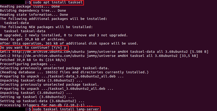Capture d’écran du terminal Ubuntu, une fois entrée la commande d’installation pour Tasksel et le serveur LAMP
