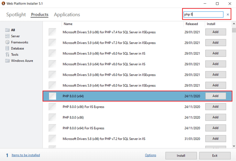 Capture d’écran de l’onglet « Produits » dans Microsoft Web Platform Installer avec l’option « Ajouter ».