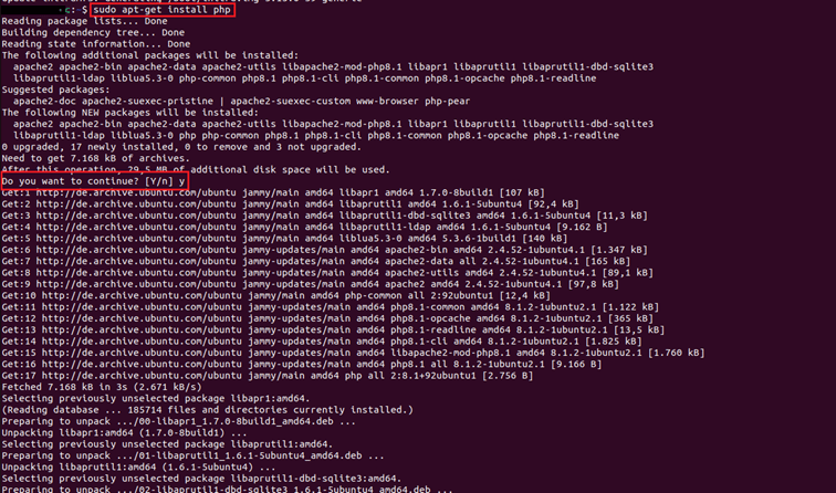 Capture d’écran du terminal Ubuntu après avoir entré la commande d’installation pour PHP