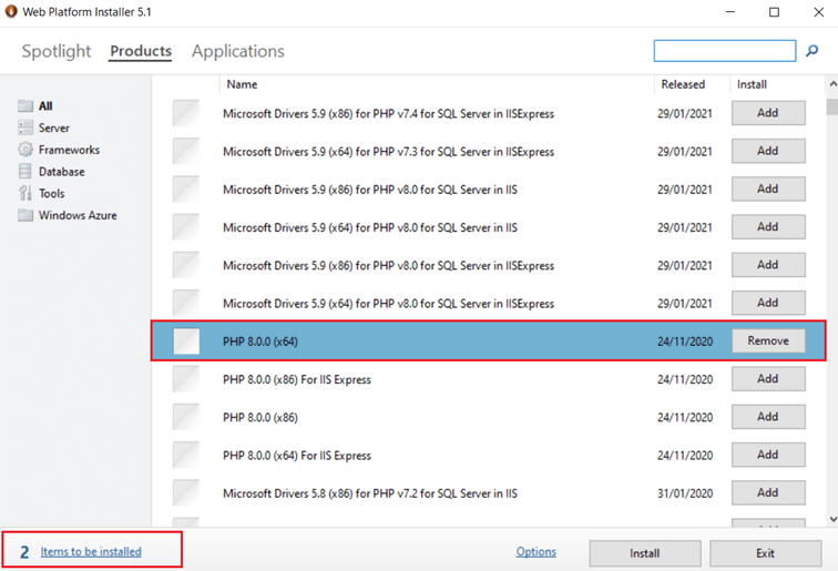 Capture d’écran de l’onglet « Produits » dans Microsoft Web Platform Installer avec l’option « Installer »