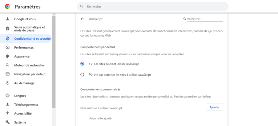 Capture d’écran des paramètres de Chrome