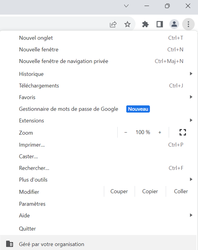 Capture d’écran du menu déroulant du navigateur Chrome