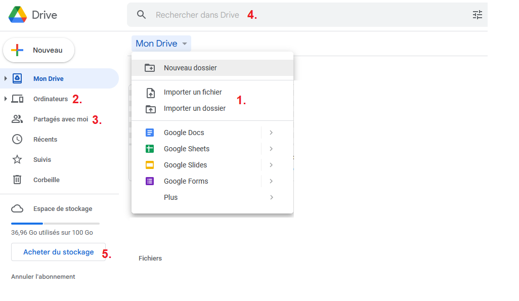 Capture d’écran de l’interface utilisateur de Google Drive