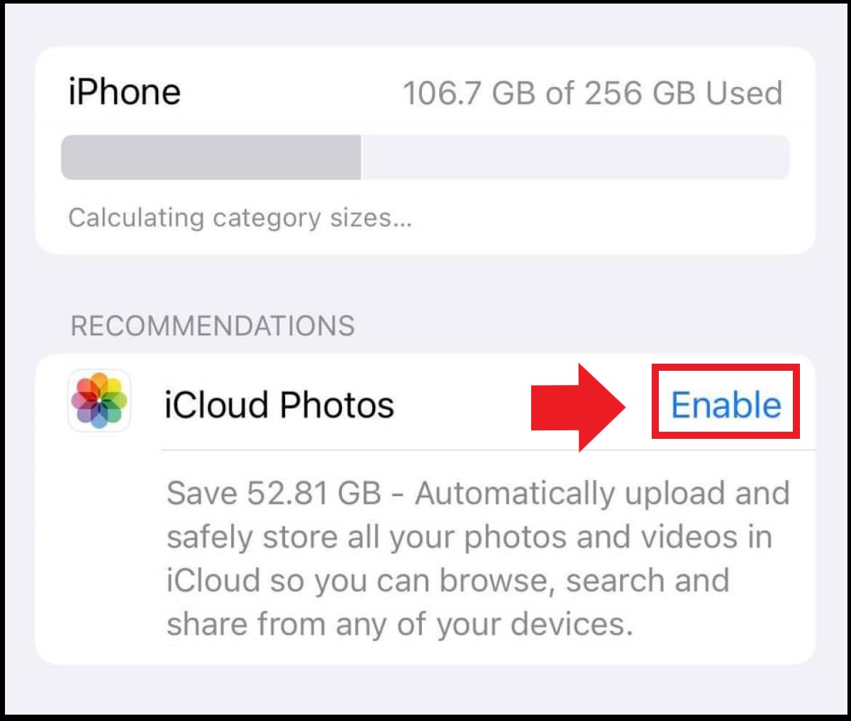 Capture d’écran de la fonctionnalité « Photos iCloud » de l’iPhone dans la zone « Stockage iPhone »