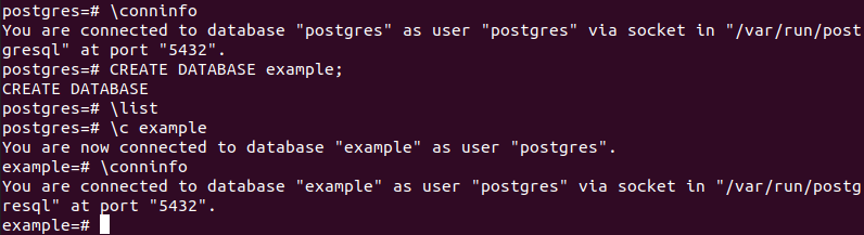 Inputs for creating a new PostgreSQL database and accessing it with the commands presented in Ubuntu 20.04's terminal Inputs for creating a new PostgreSQL database and accessing it with the commands presented in Ubuntu 20.04's terminal