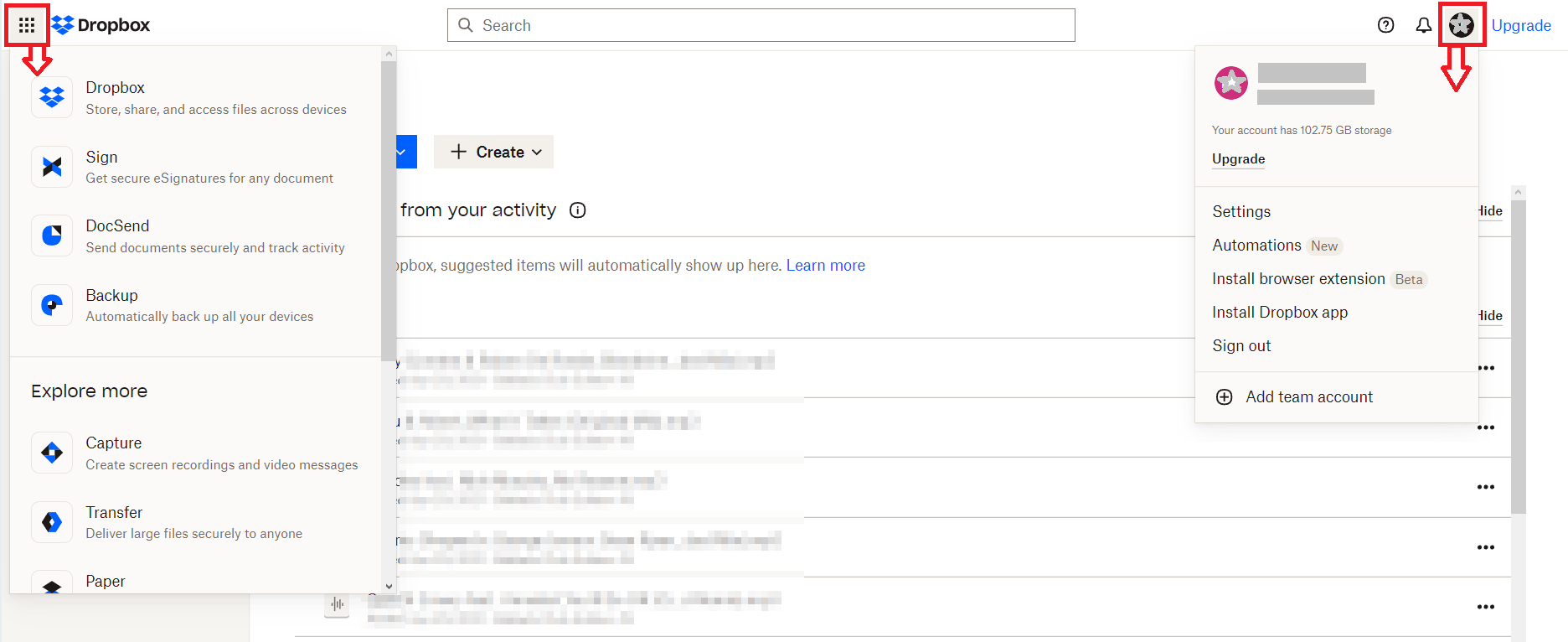 Browser-based Dropbox user interface with tools and profile settings Browser-based Dropbox user interface with tools and profile settings