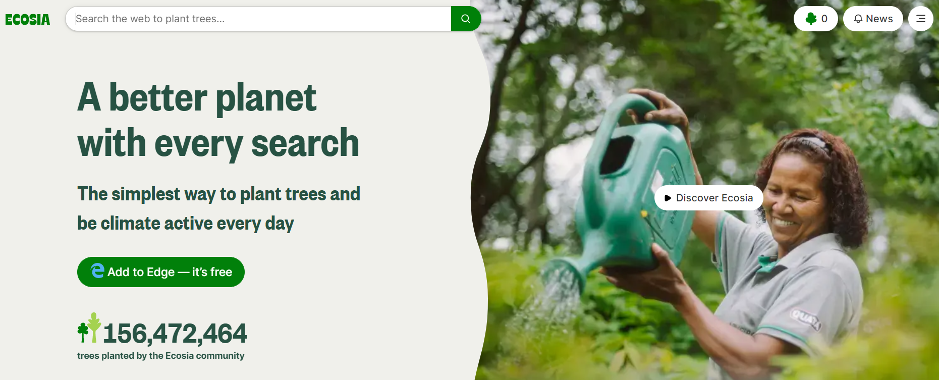 Page d’accueil du moteur de recherche Ecosia