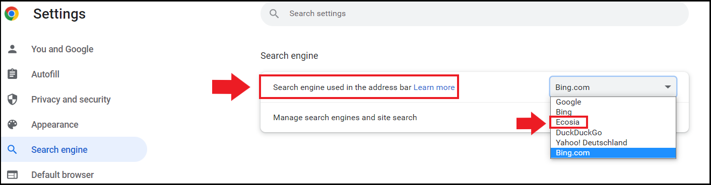 Le moteur de recherche Ecosia dans le menu « Moteur de recherche »