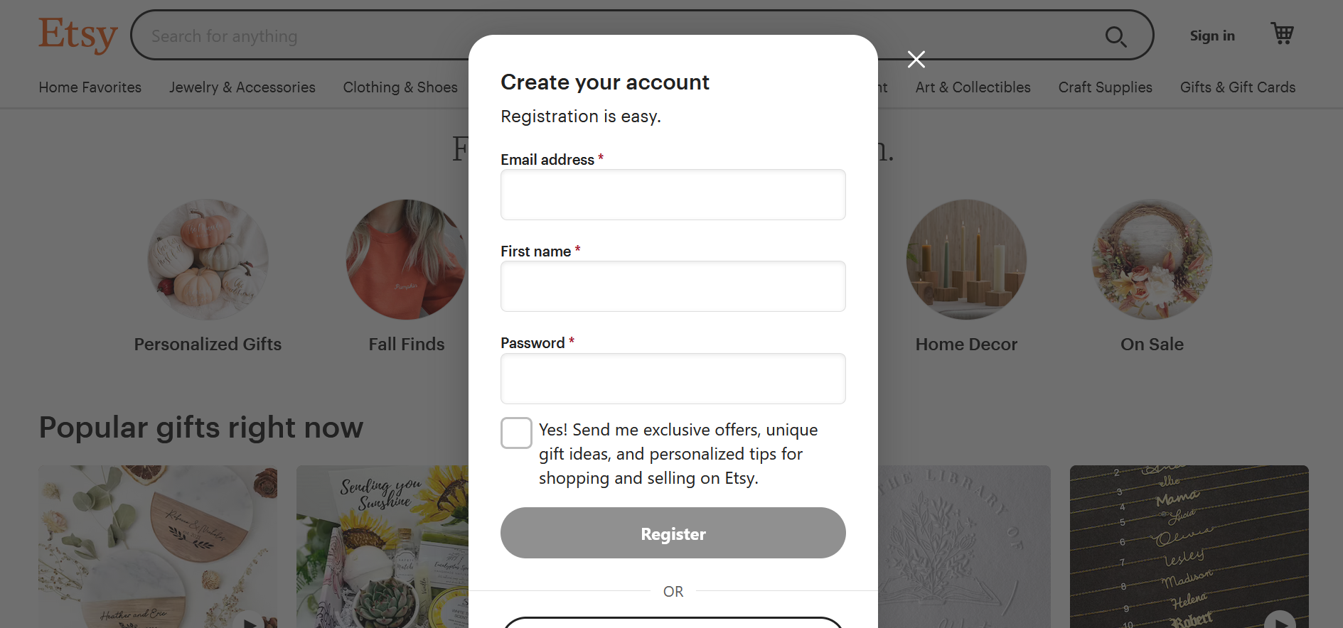 Capture d’écran de la fenêtre de création d’un compte sur Etsy Capture d’écran de la fenêtre de création d’un compte sur Etsy