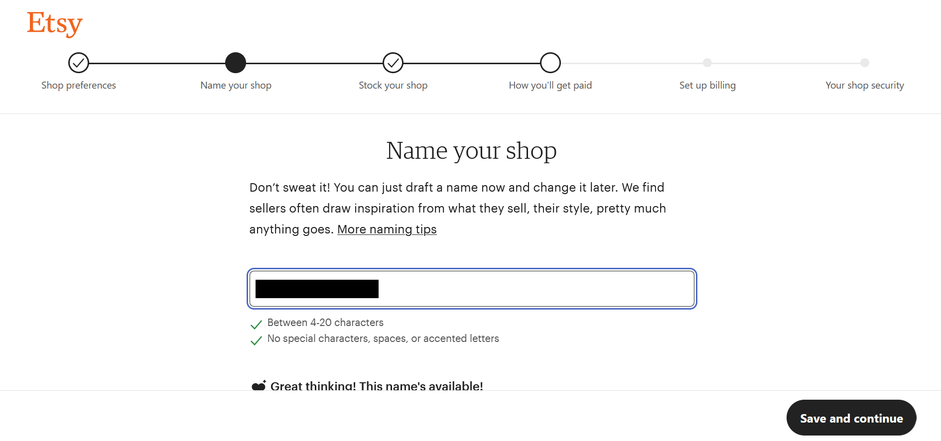 Capture d’écran de la page permettant de donner un nom à votre boutique Etsy