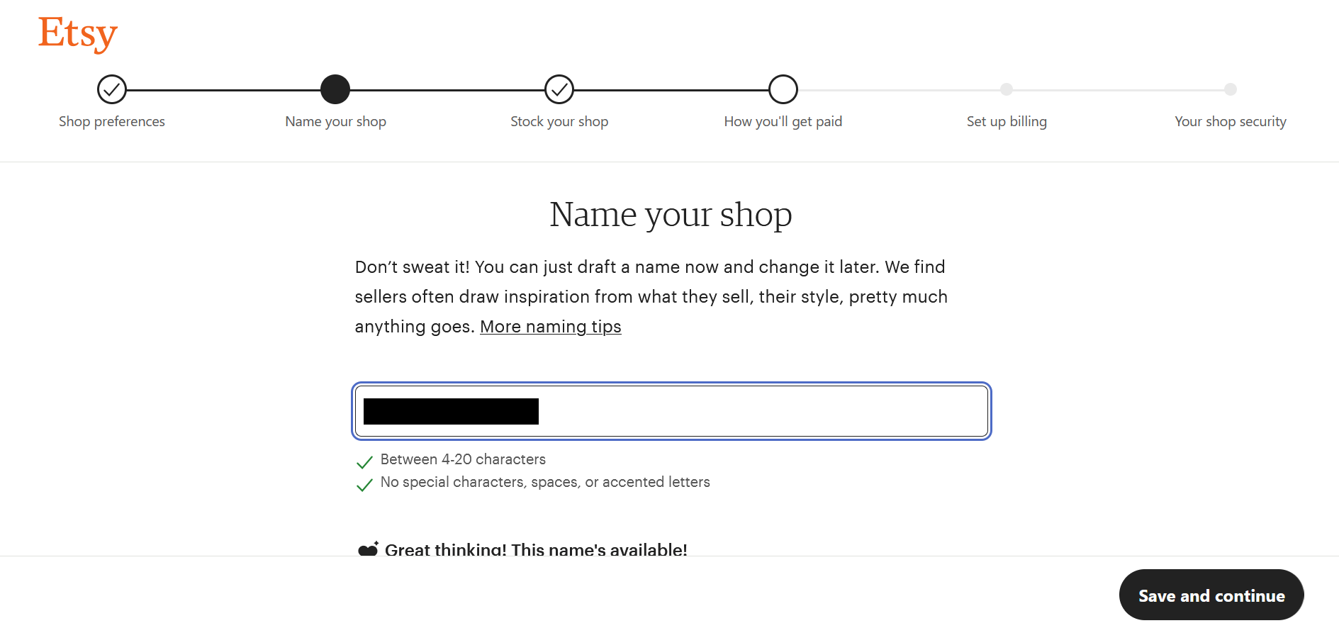 Capture d’écran de la page permettant de donner un nom à votre boutique Etsy Capture d’écran de la page permettant de donner un nom à votre boutique Etsy