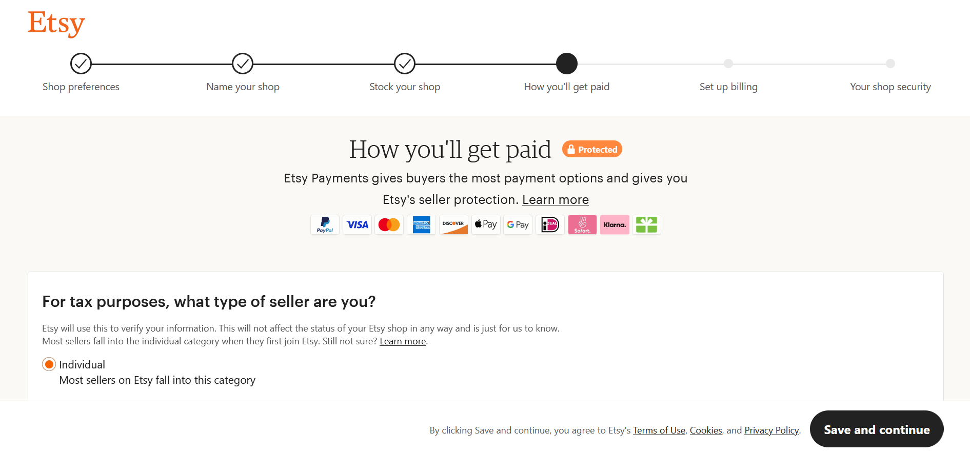 Capture d’écran des modes de paiement disponibles sur une boutique Etsy