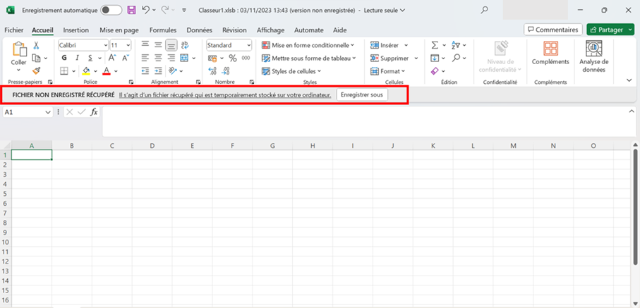 Excel : fichier non enregistré récupéré