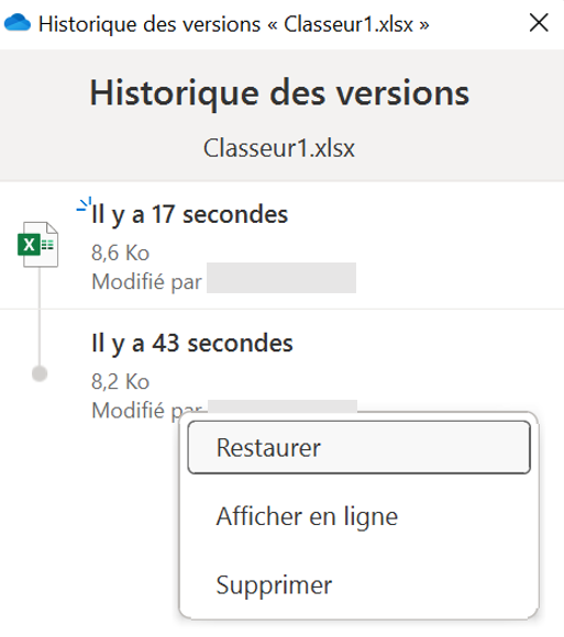Historique des versions d’un fichier Excel dans OneDrive