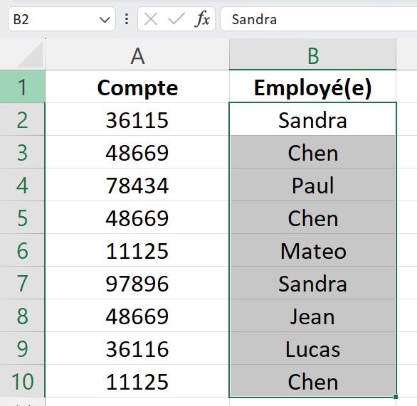 Cellules sélectionnées sur Excel