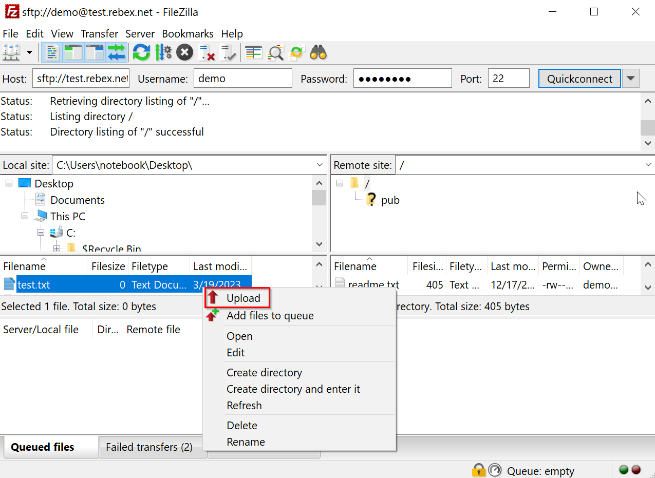 FileZilla: load a file FileZilla: load a file