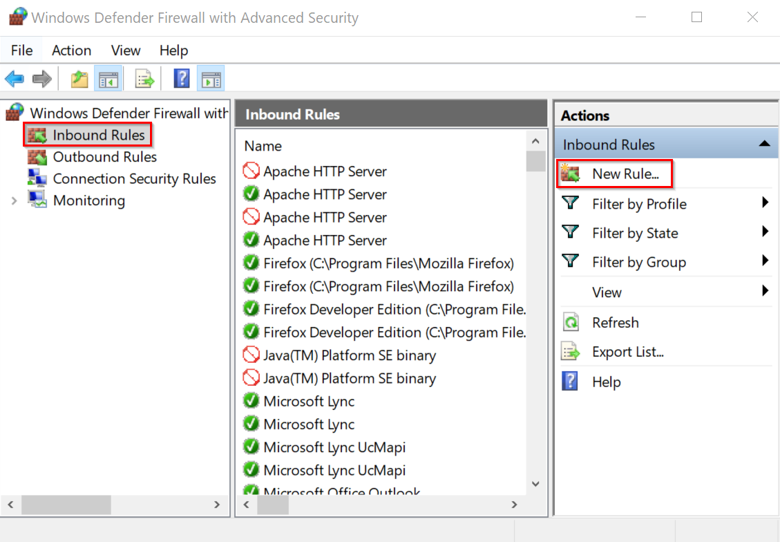 Windows Defender Firewall: Add an inbound rule Windows Defender Firewall: Add an inbound rule