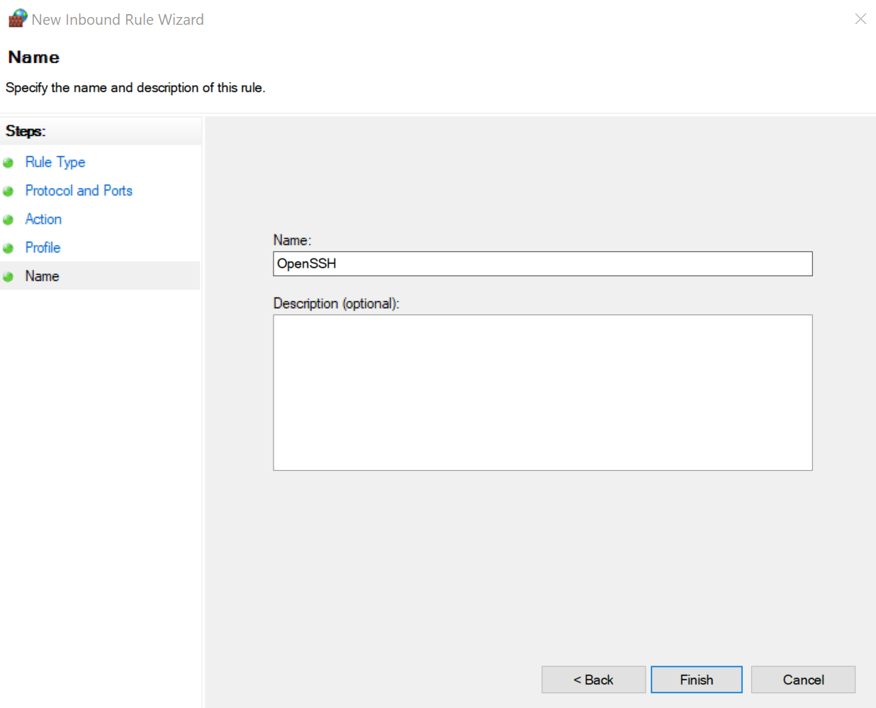 Windows Defender Firewall: Choose a name for the new rule Windows Defender Firewall: Choose a name for the new rule
