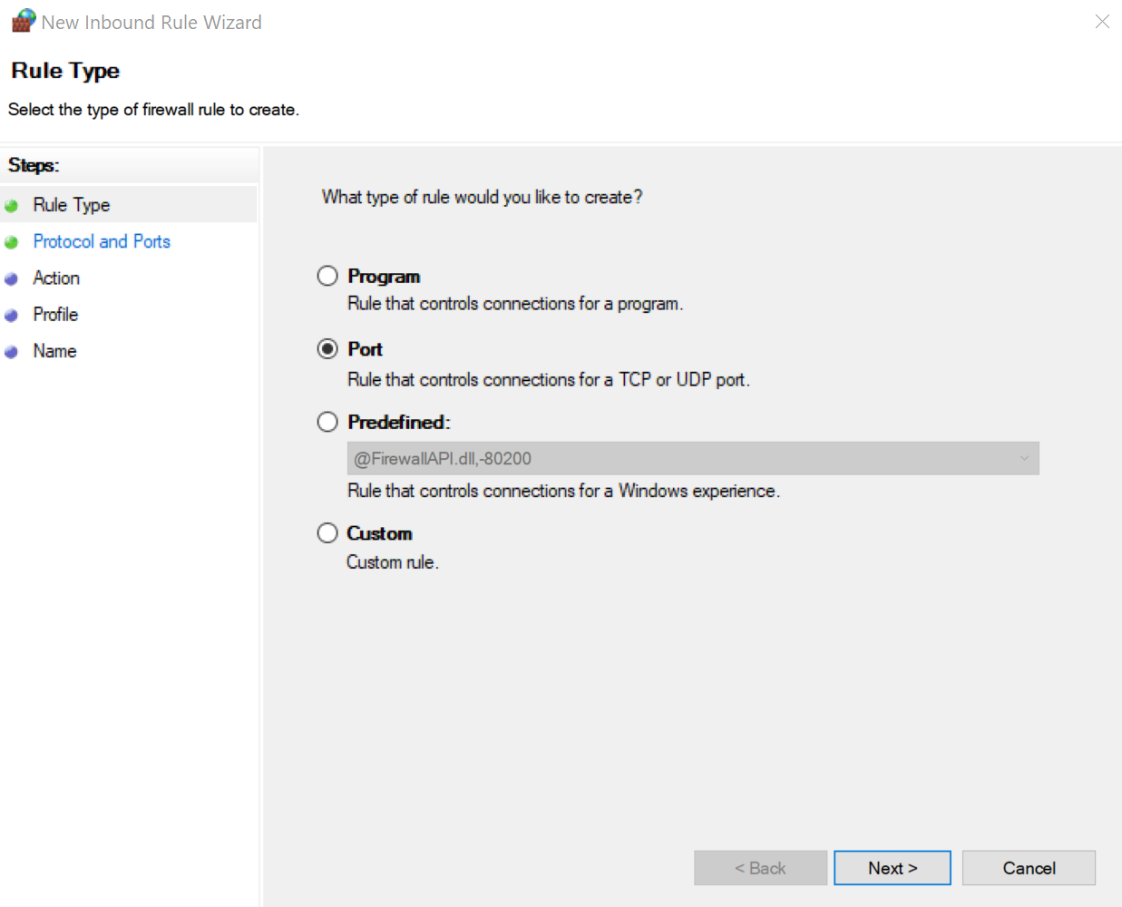 Windows Defender Firewall: Choose a port rule Windows Defender Firewall: Choose a port rule