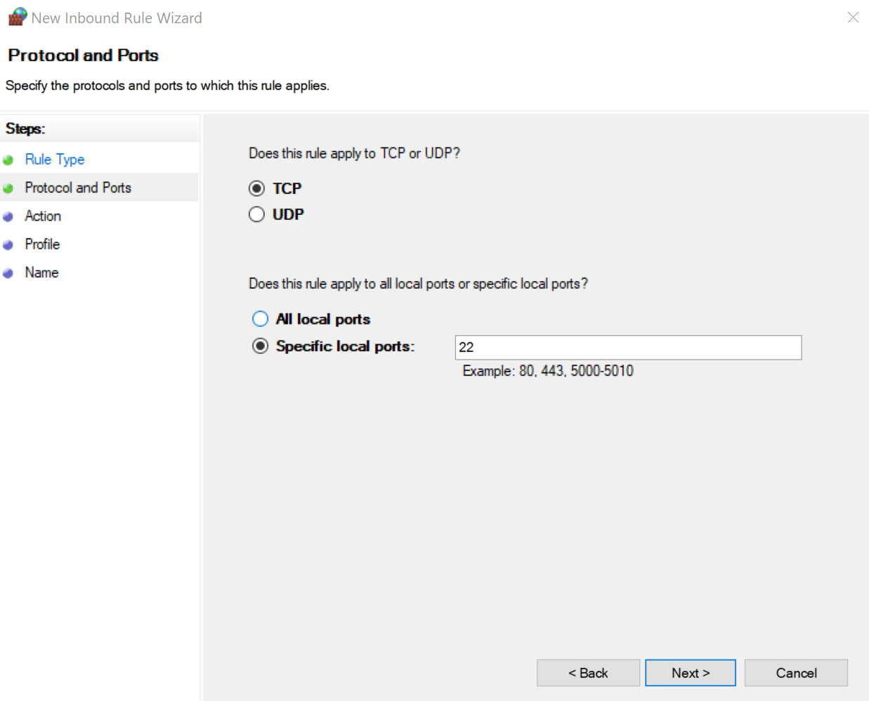 Windows Defender Firewall: Set SSH port 22 Windows Defender Firewall: Set SSH port 22